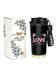 1pc/5pcs 500ml Cute Cat Heart Travel Mug, Double-Wall Stainless Steel Insulated Cup, Cute Pink Cat Ear & LOVE Letter Print Design, Portable Coffee Cup With COFFEE Print Lanyard, Leak-Proof Insulated Mug, Suitable For Daily Commute, Outdoor & Travel - Black-kitty Love - View 13