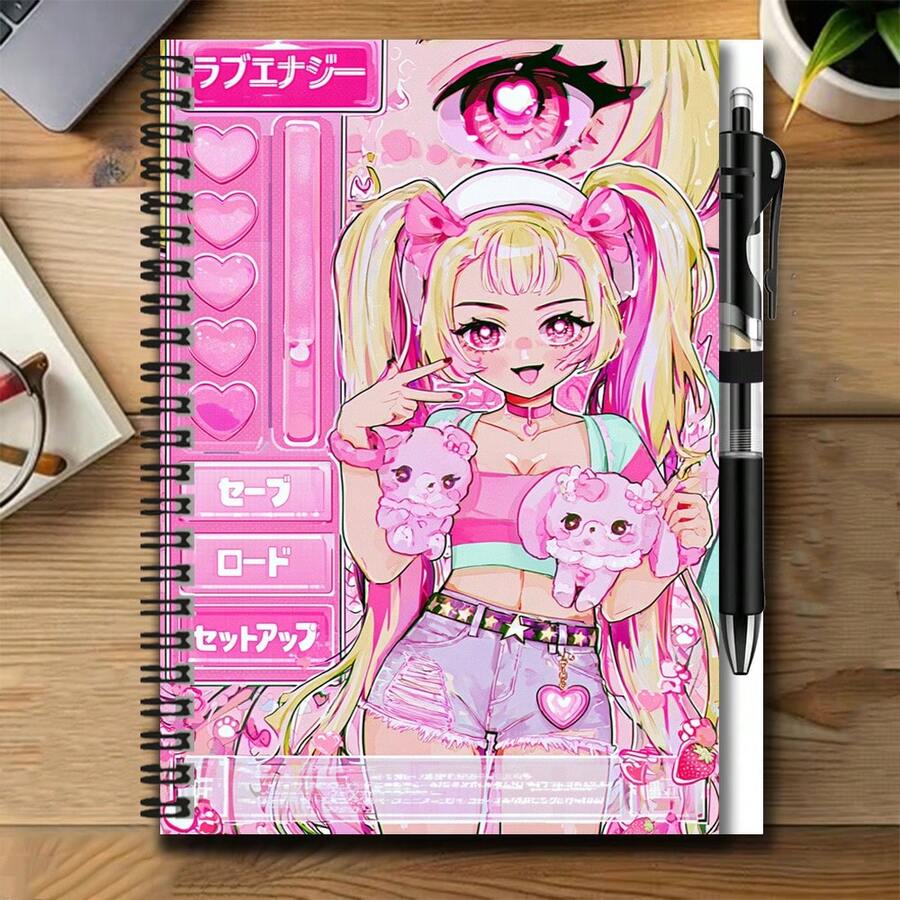 1 Set 2D Anime Style Spiral Coil Notebook And Pen Set, Cute Sweet Japanese Anime Girl Pattern, Eye-Catching. Great Helper For Work And Study, Can Be Used For Diary, Daily Planning, Memo. High-Quality Gift Choice For Graduation, Birthday And Other Occasions, Adding A Touch Of Dreamy Color To Life. - 1 Book + 1 Pen - View 1