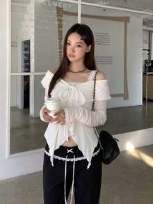 Áo khoác cardigan dài tay YCYC phong cách Hàn Quốc vintage cá tính màu xám, bèo nhún, thắt nơ trước, đa năng, thường ngày, màu trắng - trắng - Xem 1