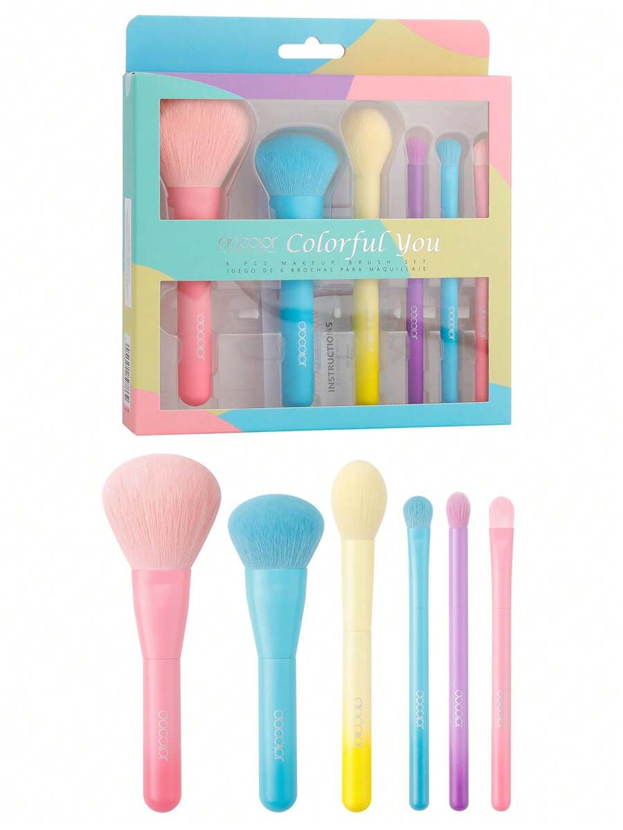 docolor 6pcs Colorful Cute Makeup Brushes Set, Portable Travel Kit With Hanging Packaging, Soft Synthetic Bristles, All-In-One Face Makeup Tools For Foundation Highlighter Contour Blush Powder Eyeshadow, Travel Essential Gentle On Skin