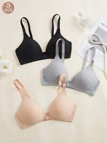 3pcs Women V-Neck Comfortable Colorful Casual Wireless Soft Cup Pure Cotton Solid Color Bras With Adjustable Straps - Multicolor - View 5