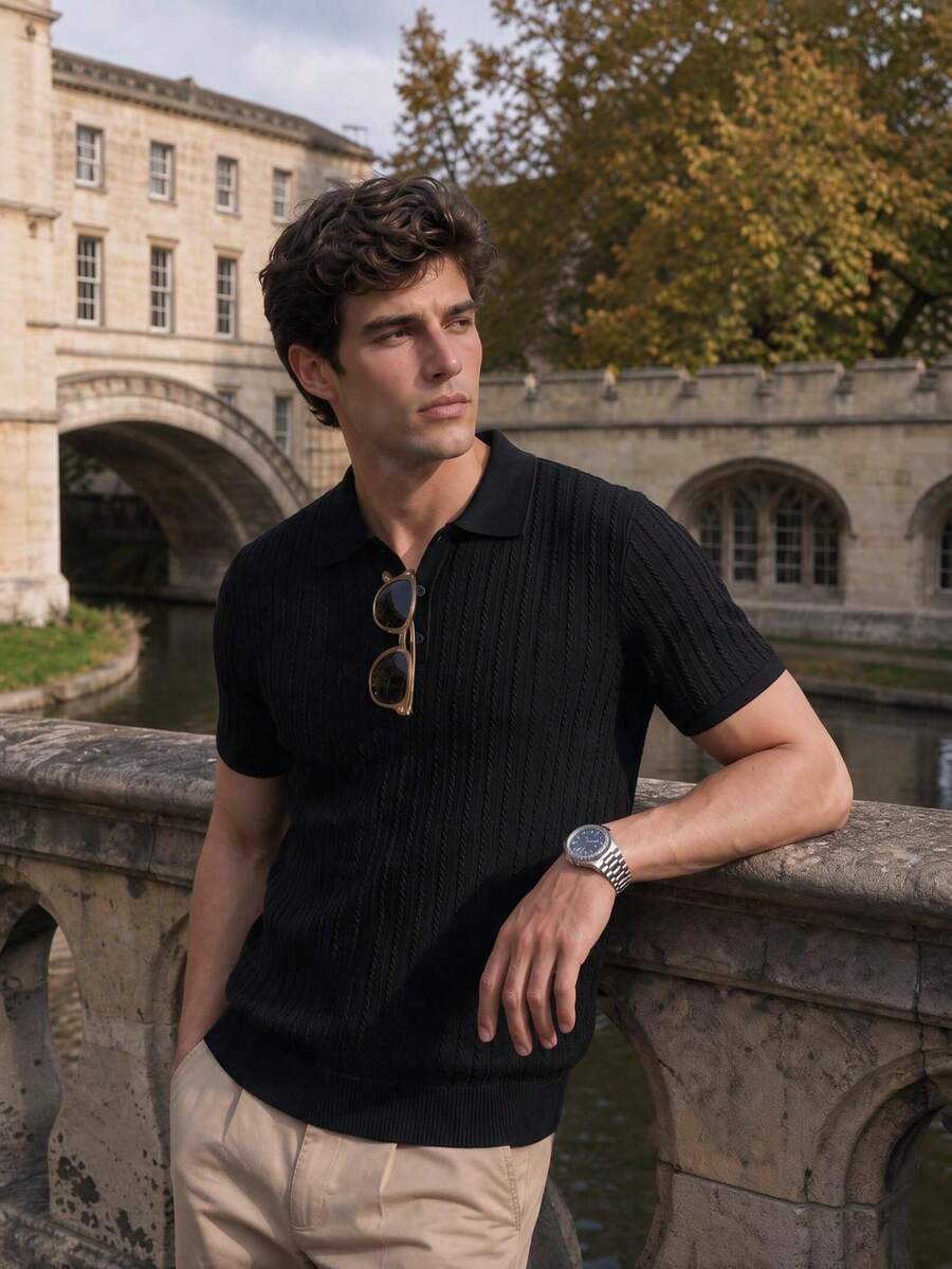 Men's Textured Knit Short Sleeve Polo Shirt, Casual Slim Fit Style With Button Placket, Suitable For Daily Wear - Black - View 1