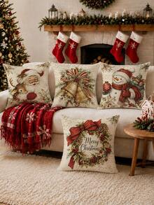 4pcs Winter Christmas Vintage Santa Claus Reindeer Snowman Christmas Wreath Pattern Cushion Covers, Single-Sided Printed Skin-Friendly Peach Skin Velvet Material, 45*45/40*40/50*50CM Pillow Covers Suitable For Room Decoration, Indoor Sofa Living Room Decoration Party Decoration, Decorative Cushion Covers Gift - Multicolor - View 4