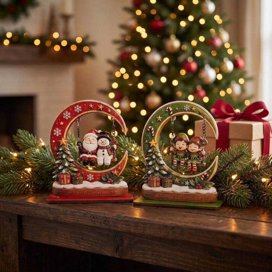 1pc Christmas Themed Swing Ornament, Santa Claus Snowman Reindeer Design, Suitable For Living Room Study Dining Table Holiday Atmosphere Decoration, Christmas Decoration - Wooden Ornaments - View 1