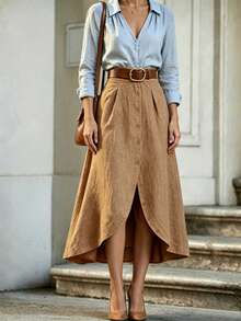 Rok Panjang Asimetris Elegan Wanita dengan Kancing Depan & Saku, Kain Tenun Kasual Gaya Boho Musim Gugur - Khaki - View 6