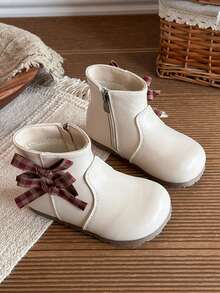Sepatu Bot Pendek Anak Perempuan Motif Kotak-kotak Vintage dengan Pita, Resleting Dalam, Sol Lembut Anti Selip, Sepatu Bot Pendek Putri Manis untuk Musim Gugur/Dingin - Krem - View 1