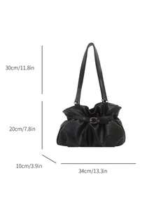 Women's Faux PU Leather Large Capacity Pleated Shoulder Bag, Vintage Buckle Strap Decor, Casual Daily Commute Tote Bag, Suitable For Work, Shopping And Daily Use - Black - View 7