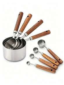4pcs/8pcs Stainless Steel Baking Measuring Cup Set, Kitchen Liquid And Solid Measuring Tools, Including Measuring Cups And Measuring Spoons, Wooden Handle Measuring Tools For Baking, Cooking, Seasoning Spoons, Dry And Liquid Measuring Cups - Kitchen Baking Supplies - Silver - View 11