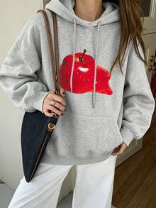 Women's Hooded Sweatshirt, New Autumn/Winter Apple Pattern Print, Drawstring Design, With Pockets, Casual Versatile Loose Fit Top, Fashionable Daily Wear - Dark Gray - View 2