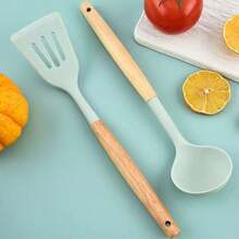 12 PCS Silicone Cooking Tools With Wooden Handle, Kitchen Utensil Set, Cooking Utensils Set Heat Resistant & Non-Scratch For Nonstick Pans, Utensil Set Includes Spatula, Spoon & Tongs, Kitchen Accessor - Grey - View 3