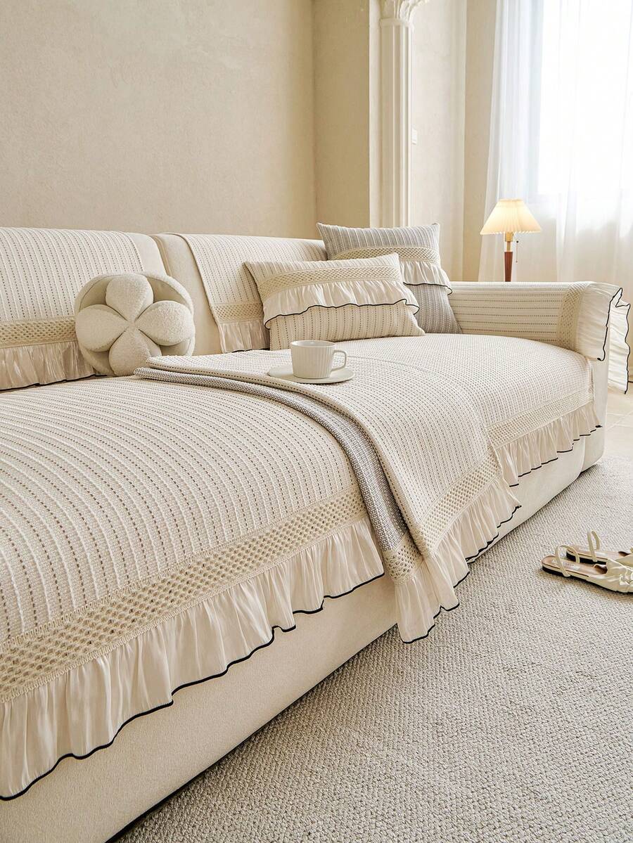 1pc Chenille Lotus Edge Sofa Cover, Universal Fit Sofa Protector, Anti-Slip & Dust-Proof Furniture Cover, All-Season Use, Machine Washable, Suitable For Living Room, Office, Apartment, Fits Various Sofa Styles - Beige - View 1