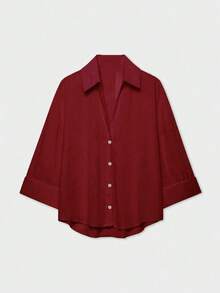 大尺碼女款純色和服風長袖襯衫，附領口與鈕扣 - 紅色 - 查看 2