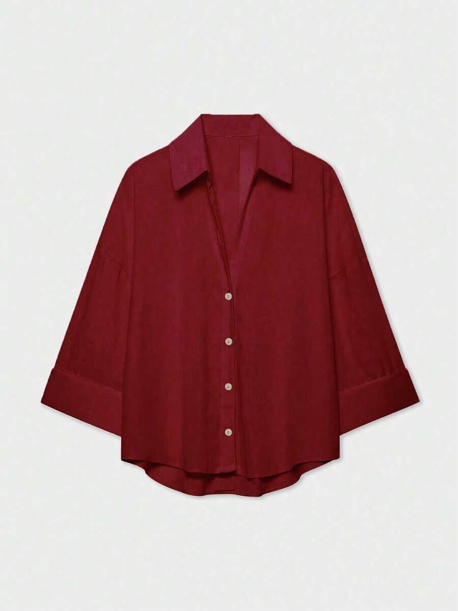 Plus Size Women's Solid Color Kimono Style Long Sleeve Shirt With Collar And Buttons - Red - View 1