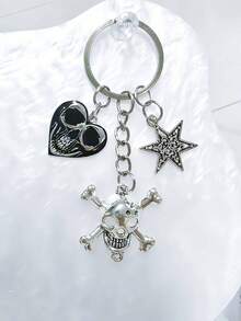 Subculture Skull Cross Keychain, Vintage Distressed Silver Heart & Star Pendant, Daily Personalized Punk Bag Charm, Car Pendant - Silver - View 3