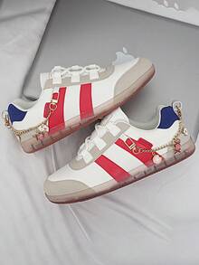 Women's Casual Sneakers, Lightweight And Comfortable, Non-Slip Cushioned Sole, All-Season, Suitable For Walking, Shopping, Traveling And More - White and Red - View 2
