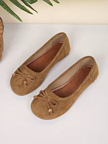 Spring Autumn New Faux Suede Ballet Flats, Round Toe Slip‑On Shoes, Bow Bead Decor Cute Versatile Low Vamp Flat Daily Shoes - Brown - View 3