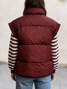 Women's Solid Color Zipper Pocket Padded Vest, Stand Collar Commuter Jacket Fall - Burgundy - View 5