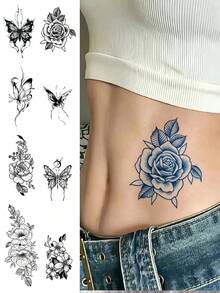 8 Pcs Blue Ink Floral Butterfly Temporary Tattoo Stickers, Sketch Rose & Gothic Butterfly Mixed Designs, Waterproof Body Art Decals For Ladies, Apply On Forearm, Waist, Shoulder, Hand, Vintage Cool Elegant Daily Decor - Black - View 2