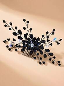 1pc Handmade Exquisite Beaded Hair Comb, Elegant Women's Hair Accessory For Party, Gathering, Vacation, Wedding, Bridal Headpiece - Black - View 3