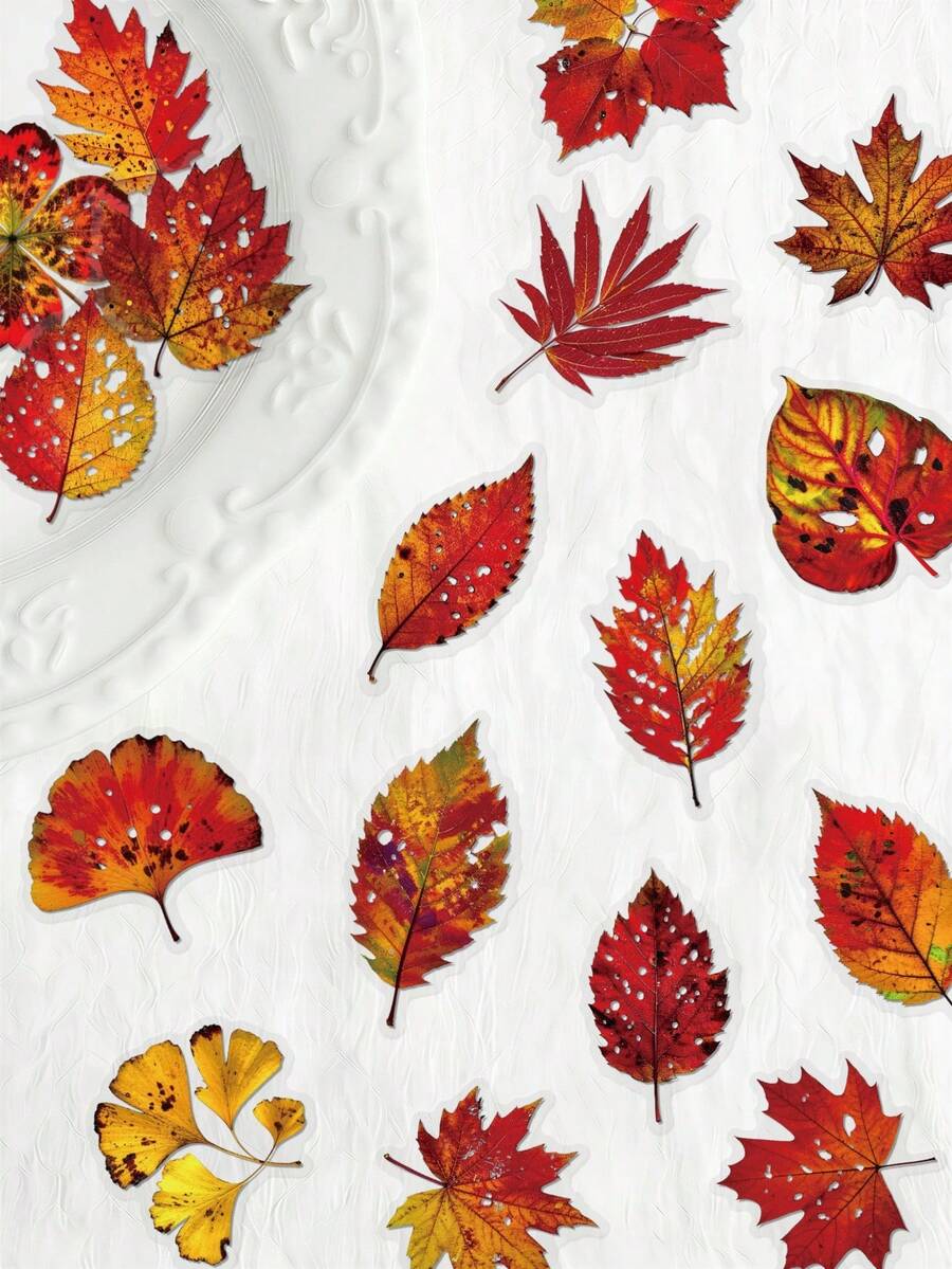56Pcs Autumn Fall Leaves PET Stickers, Transparent Vintage Fall Foliage Decals, Maple Ginkgo Oak Leaf Stickers Fit Journal Water Bottle Laptop Scrapbooking - A - View 1