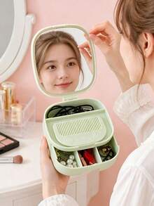 Small Jewelry Organizer With Mirror, Jewelry Storage Box, Drawer Style Beauty Mirror, Printed With Cartoon Jewelry Pattern, Built-In Mirror And Compartments, Vanity Tabletop Storage Box, Organizes Rings, Earrings, Bracelets And Necklaces, Graduation Season, Back To School, Teacher's Day, Valentine's Day, Party Gifts - Multicolor - View 10