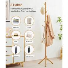 174cm Solid Wood Freestanding Coat Rack with 8 Hooks – Space-Saving Garment Stand for Bedroom, Living Room & Office, Ideal for Entryway Coats & Bags, Temporary Storage & Tip-Resistant Nordic or Japanese Style Decor - Beige - Übersicht 2