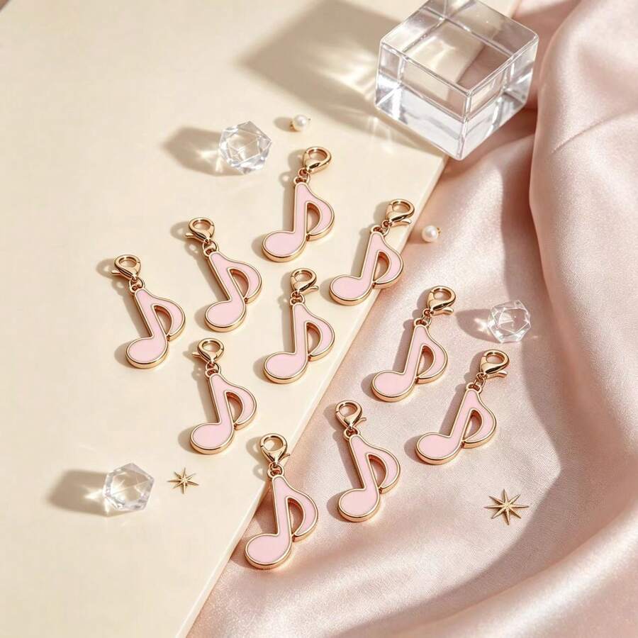 10PCS Pink Hollow Heart & Musical Note Enamel Keychain Pendants, Suitable For Bags, Wallets, Keys, Gifts For Women, Girls, Valentine's Day, Birthday, Thanksgiving, Christmas - 10PCS Musical Note Design - View 1