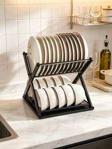 X‑Shaped Double‑Layer Dish Drying Rack, Multi‑Functional Plastic Dish Organizer, Sink Countertop Bowl Plate Drain Storage Rack For Home Kitchen Utensils Organization - Multiple Styles - View 8