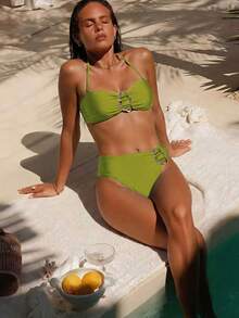 Women's Solid Color Halter Neck Bikini 2 Pieces Set With Metal Decoration, Suitable For Island Vacation Beach Summer - Mustard Green - View 7