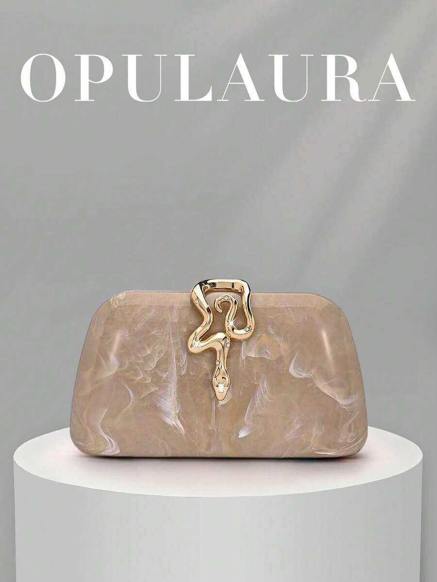 OpulAura 1件水波紋壓克力精緻小手提包,飾有亮片鍊條與蛇頭鎖扣,時尚手拿包,適合晚裝,完美適用於正式派對、婚禮、雞尾酒會等場合,送給女性的絕佳禮物 - 杏色 - 查看 1