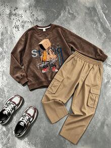 2pcs Set Suitable For Boys Big Kids, Washed Style Crew Neck Sweatshirt And Cargo Pants Outfit, Cartoon Character Print Crew Neck Sweatshirt And Cargo Pants Matching Set, Suitable For Autumn/Winter Daily And Sports Wear - Multicolor - View 2