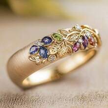 Gmzalx Vintage Glamorous Leaf-Shaped Colorful Jewelry Ring, Gold-Tone Band With Exquisite Engraved Leaf Pattern, Artistic Heavy-Duty Jewelry - Multicolor - View 1