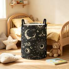 1pc Celestial Sun Moon Star Print Foldable Laundry Basket, Bohemian Style Round Storage Basket With Handle, Multi-Functional Foldable Clothes & Sundries Storage Basket, Bedroom Home Decor - View 4