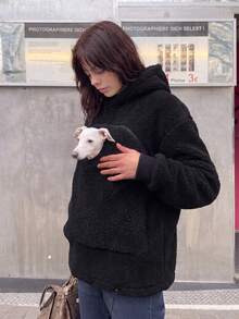 寵物飼主必備 女款休閒抓絨口袋寬鬆連帽衛衣 秋冬適穿 寵物友善 秋冬服飾 秋冬穿搭 戶外穿著 - 黑色 - 查看 7