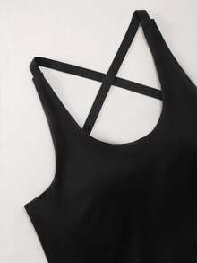 Women's Solid Color Cross Back Spaghetti Strap Cami With Removable Pads, Loose Fit Yoga Tank Top, Casual Workout Gym Cover Up Shirt - Black - View 6