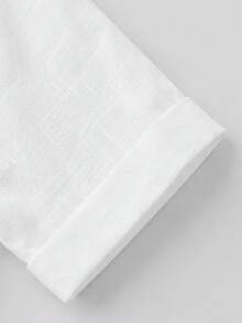 Women Collared Half Placket Short Sleeve Shirt, Solid Linen‑Texture Pleated Front Loose Fit Casual Fall Blouse - White - View 5