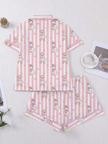 2pcs/Set Women's Pajama Set, Swan Print, Women's Loungewear, Spring/Summer Holiday Outfit, Short Sleeve Top And Shorts Set - Pink - View 2