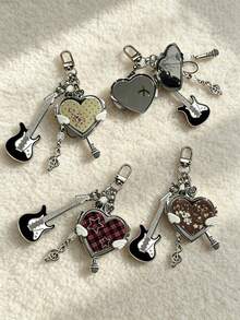 Y2k Heart-Shaped Mirror Bag Charm, Style Musical Note Guitar Pendant, Portable Heart-Shaped Mirror Keychain, Birthday Or Holiday Gifts. - Multicolor - View 1