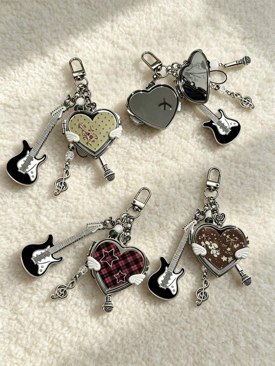 Y2k Heart-Shaped Mirror Bag Charm, Style Musical Note Guitar Pendant, Portable Heart-Shaped Mirror Keychain, Birthday Or Holiday Gifts. - Multicolor - View 1