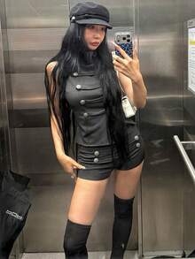 Top Dazzle Women's Black Knitted Mini Shorts With Button Details, Slight Stretch, Stylish Straight Leg Design - Black - View 5