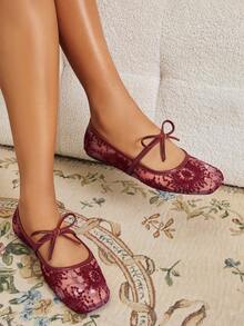Women's Burgundy Flat Ballet Shoes With Bow Decor, Embroidered Mesh Hollow Out Breathable Square Toe Sequin Comfortable Mary Jane Sandals For Summer - Burgundy - View 7
