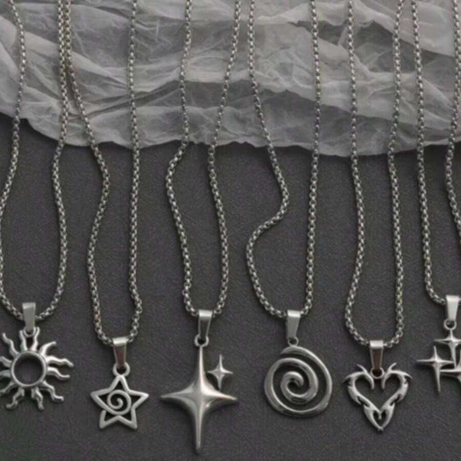 6-Piece Star Shaped Y2K Stainless Steel Necklace, Punk Style, Exquisite Y2K Thick Chain Necklace - Silver - View 1