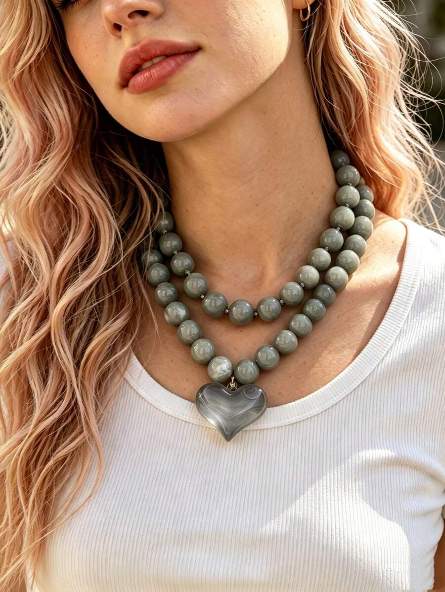 OABE 2pcs/Set Bohemian Style Gray Beaded Layered Necklace With Heart Pendant, Suitable For Women's Daily Wear - Grey - View 1