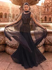 Women's Elegant Romantic Charming Round Neck Formal Evening Gown, Mesh & Sequin Patchwork, Suitable For Ball, Wedding Guest, Cocktail Party, Grand Banquet - Black - View 5