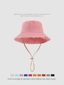 1 pièce Chapeau seau à cordon pour femmes, design de sangle de menton réglable, effet usé, tissu doux, protection solaire, coupe-vent, polyvalent et à la mode, convient pour les voyages, la plage, les vacances, le port décontracté - A - Voir 10
