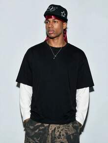 Modcrash Men's Solid Color 2 In 1 Long Sleeve T-Shirt, Black And White Color Block Crew Neck Top - Black - View 1