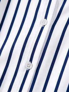 Women's Fashionable Striped Shirt With Lapel Collar, Button Front, Long Sleeves And Regular Hem, Daily Wear, Non-Stretch Polyester Fabric - Navy Blue - View 4