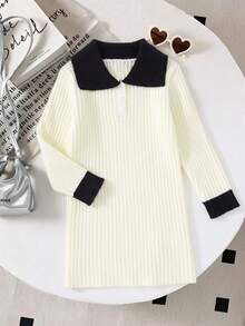 Girls' Colorblock Polo Collar Ribbed Knit Sweater Dress, Long Sleeve, Spring/Autumn New Style - Apricot - View 1