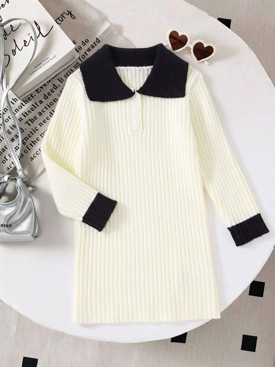 Girls' Colorblock Polo Collar Ribbed Knit Sweater Dress, Long Sleeve, Spring/Autumn New Style - Apricot - View 1
