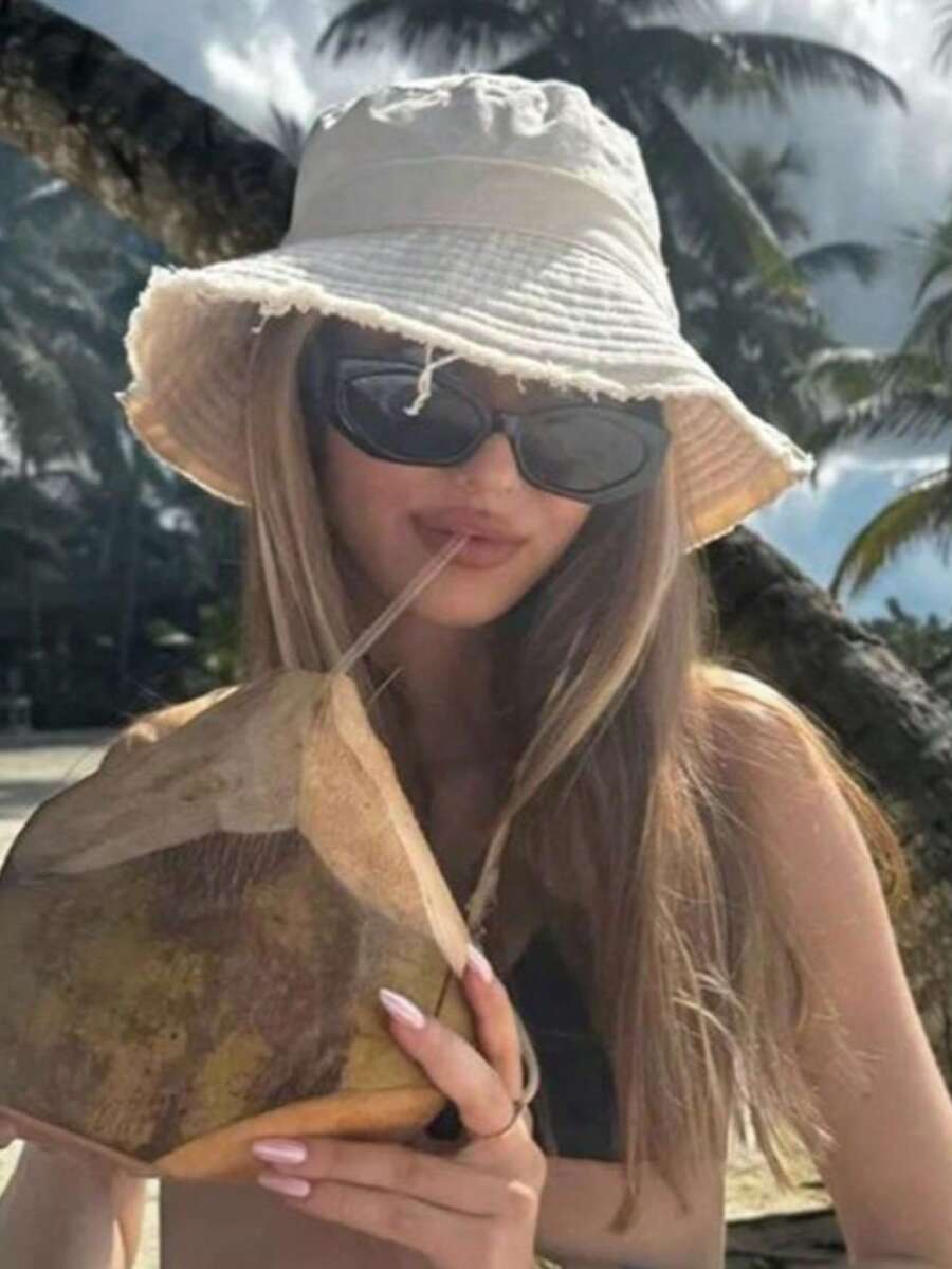 1pc Women's Drawstring Brim Bucket Hat, Adjustable Size Frayed Edge Sun Hat, Soft Fabric, Sun Protection Windproof, Travel Beach Seaside Leisure Vacation Play Daily Use - Multicolor - View 1